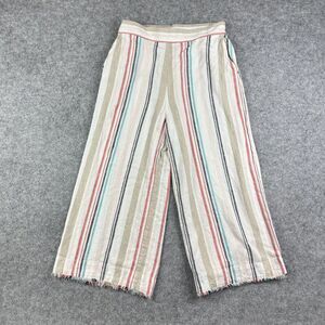 Cloth Stone Pants Womens M Striped Wide Leg Linen Blend Raw Hem Pockets NO BELT*